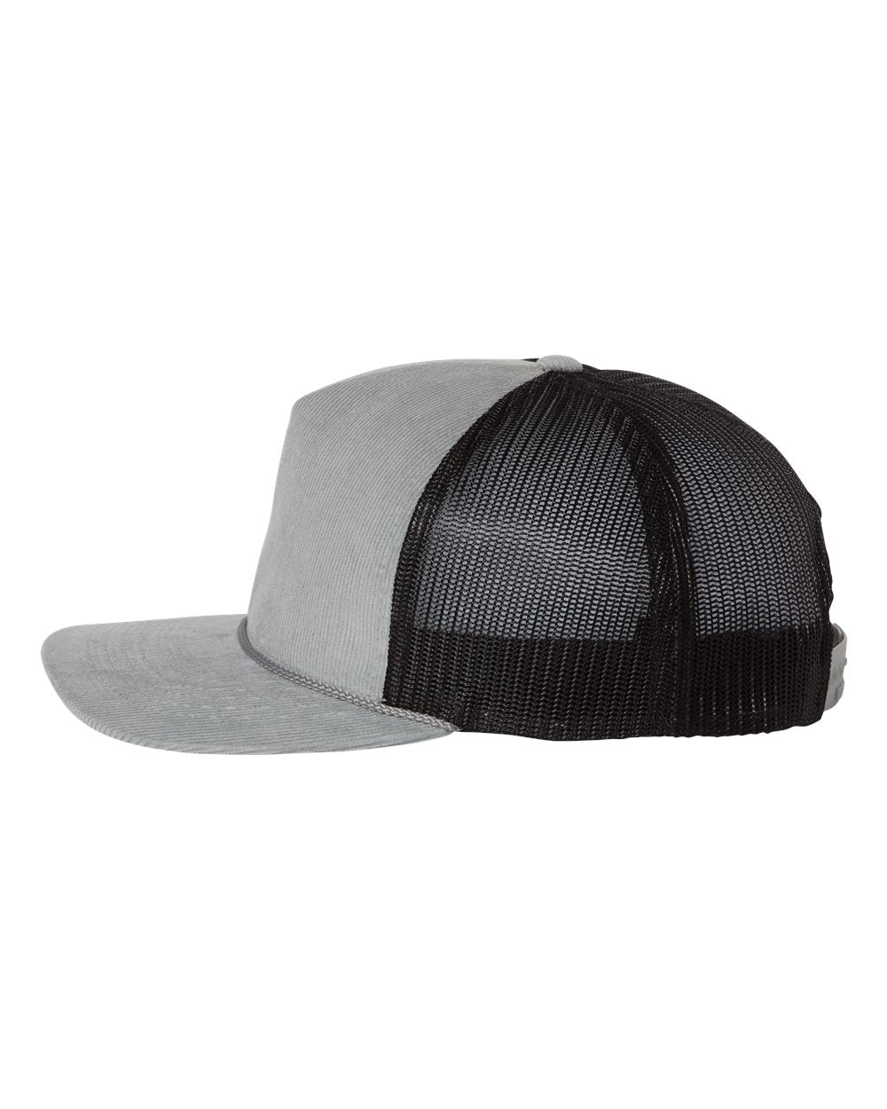 Left View of Light Grey/ Black Troutdale Corduroy Trucker Cap - 930