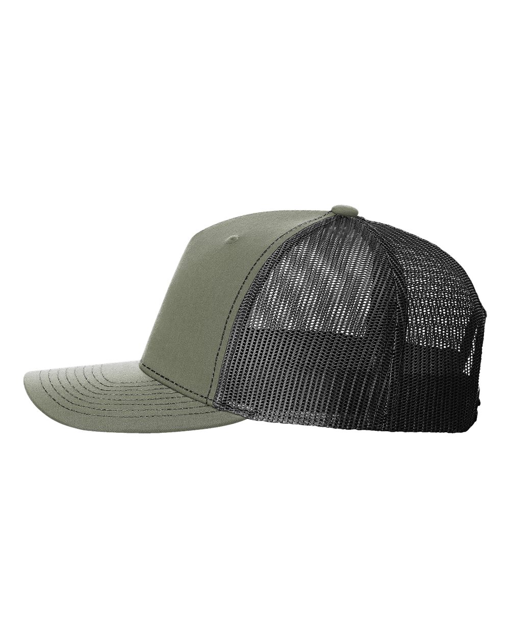 Left View of Loden Green/ Black Five-Panel Trucker Cap - 112FP