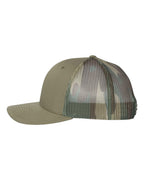 Left View of Loden/ Green Camo Printed Mesh Trucker Cap - 112PM