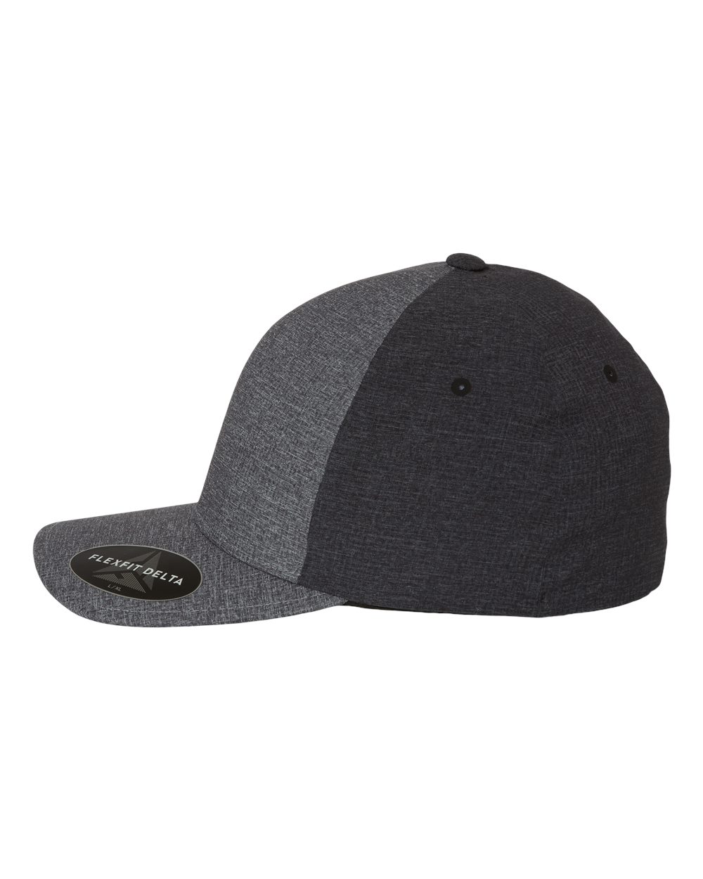 Left View of Melange Blue/ Melange Charcoal Delta® Seamless Cap - 180