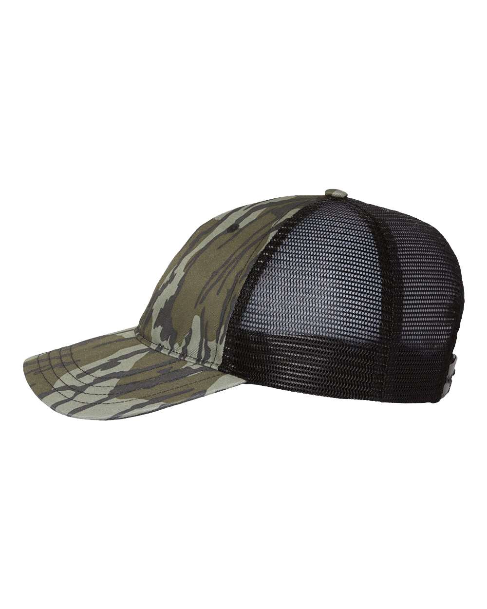 Left View of Mossy Oak Bottomland/ Black Garment Washed Printed Trucker Cap - 111P