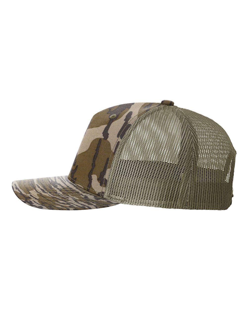 Left View of Mossy Oak Bottomland/ Loden Five-Panel Printed Trucker Cap - 112PFP