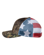 Left View of Mossy Oak Break-Up Country/ Stars & Stripes Printed Mesh Trucker Cap - 112PM