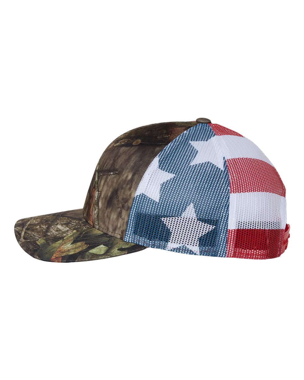 Left View of Mossy Oak Break-Up Country/ Stars & Stripes Printed Mesh Trucker Cap - 112PM