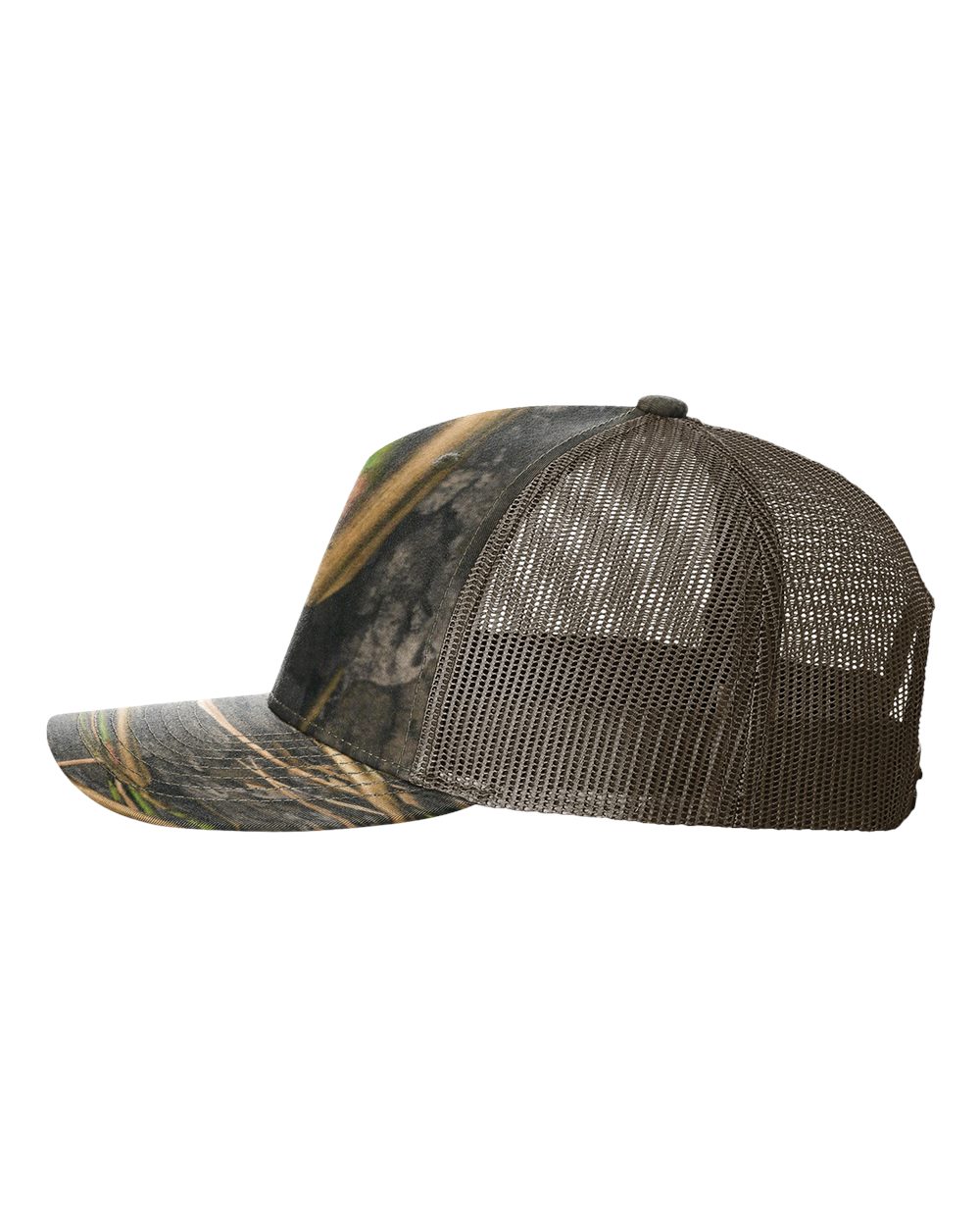 Left View of Mossy Oak Habitat/ Brown Five-Panel Printed Trucker Cap - 112PFP