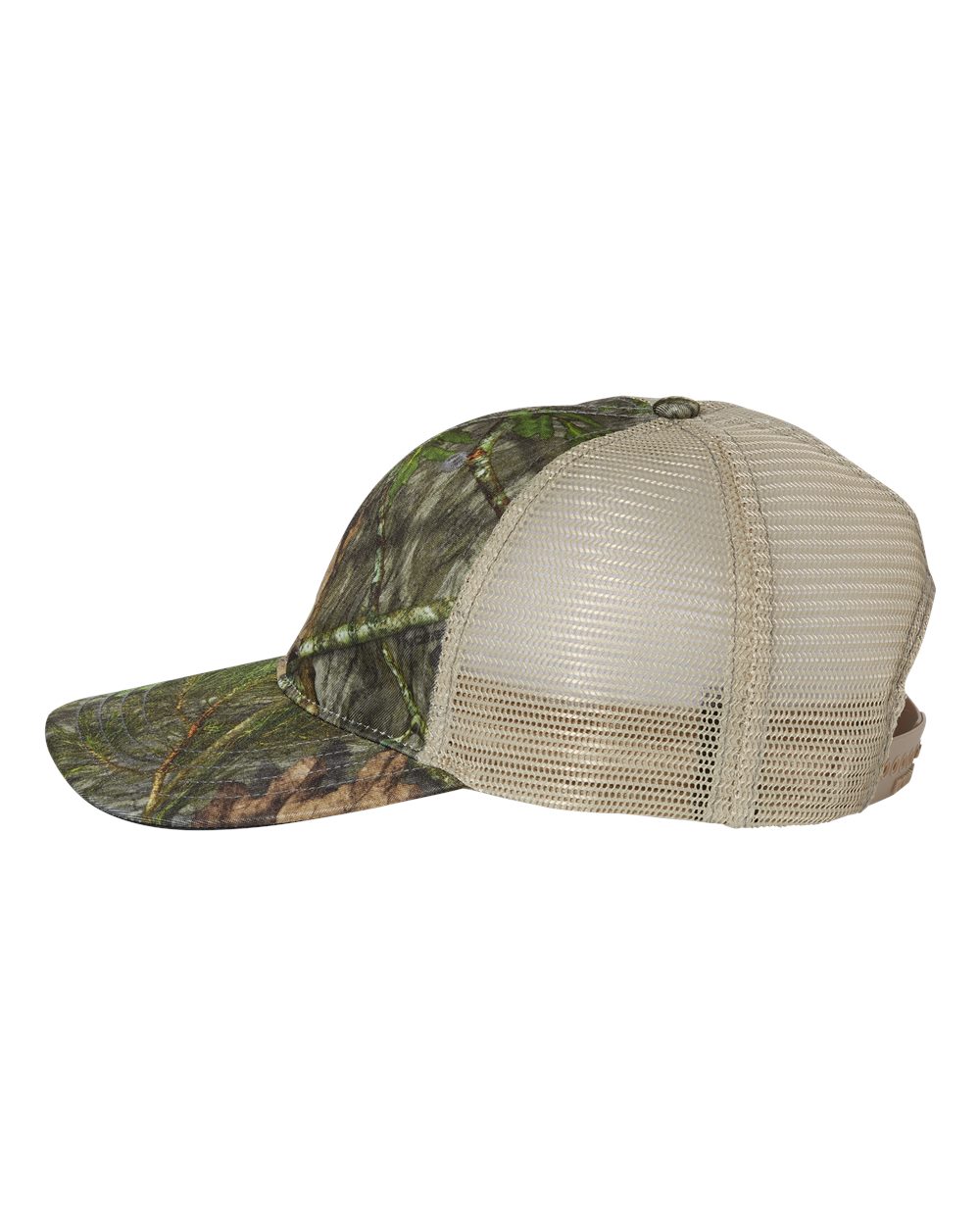 Left View of Mossy Oak Obsession/ Khaki Garment Washed Printed Trucker Cap - 111P