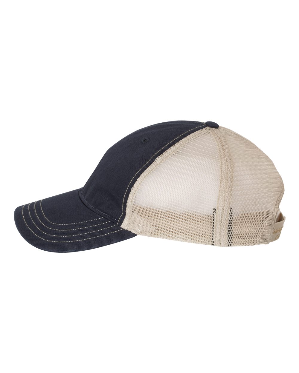 Left View of Navy/ Khaki Garment-Washed Trucker Cap - 111