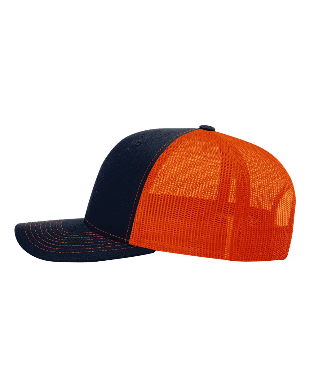 Left View of Navy/ Orange Snapback Trucker Cap - 112