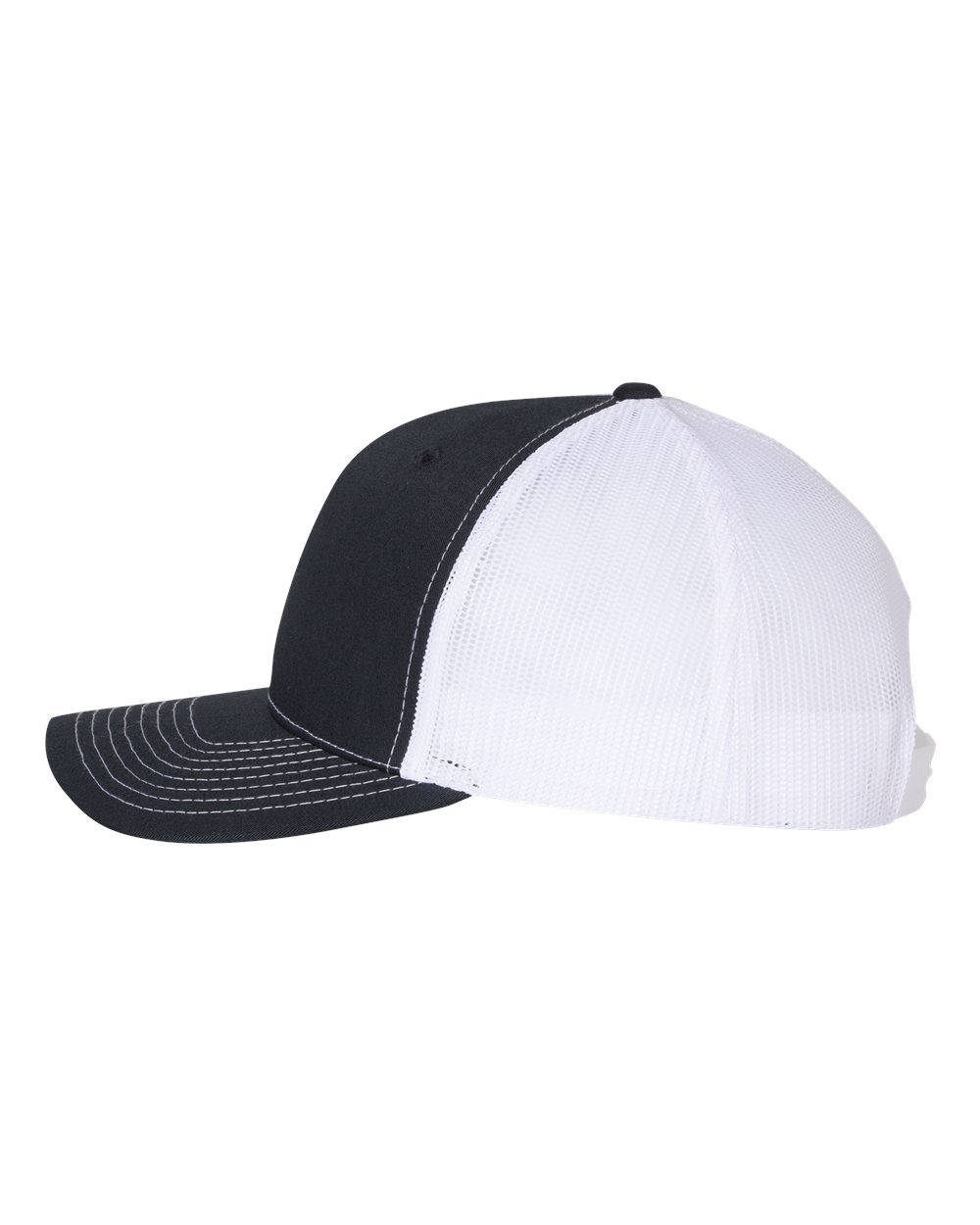 Left View of Navy/ White Five-Panel Trucker Cap - 112FP