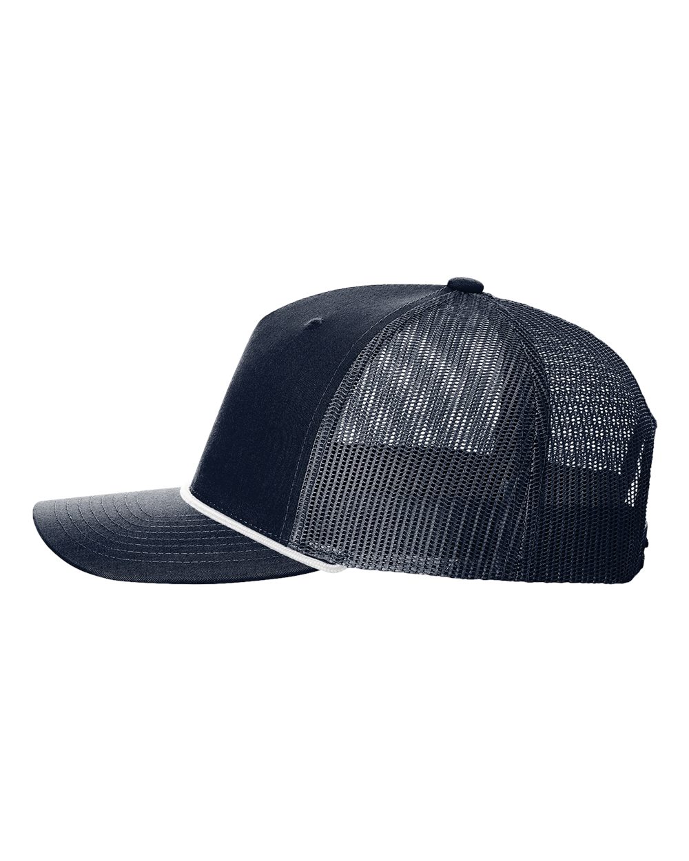 Left View of Navy/ White Five-Panel Trucker with Rope Cap - 112FPR