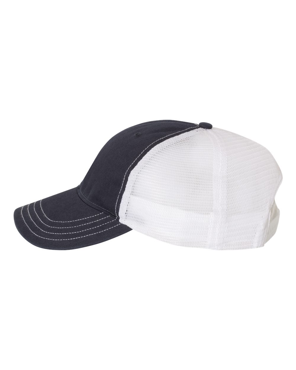 Left View of Navy/ White Garment-Washed Trucker Cap - 111