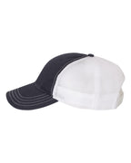 Left View of Navy/ White Garment-Washed Trucker Cap - 111