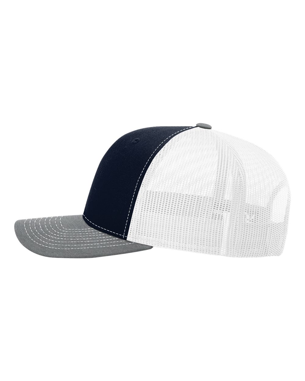 Left View of Navy/ White/ Heather Grey Snapback Trucker Cap - 112