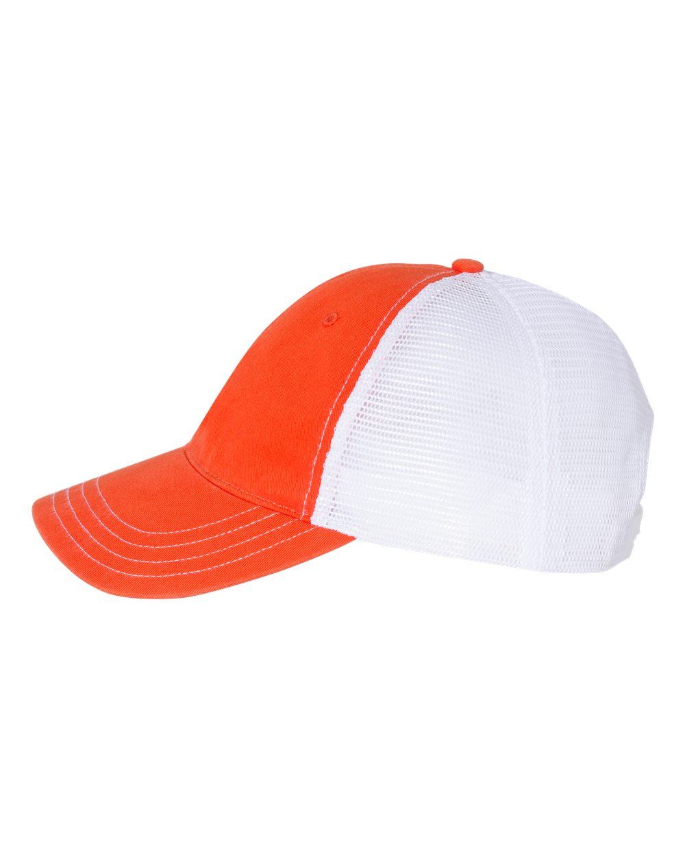 Left View of Orange/ White Garment-Washed Trucker Cap - 111