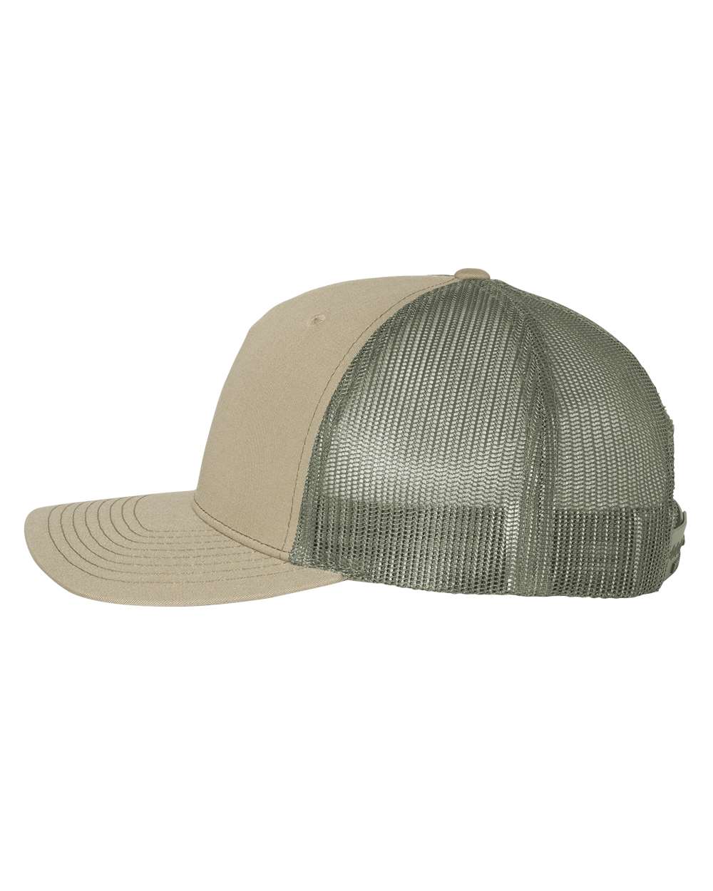 Left View of Pale Khaki/ Loden Green Five-Panel Trucker Cap - 112FP