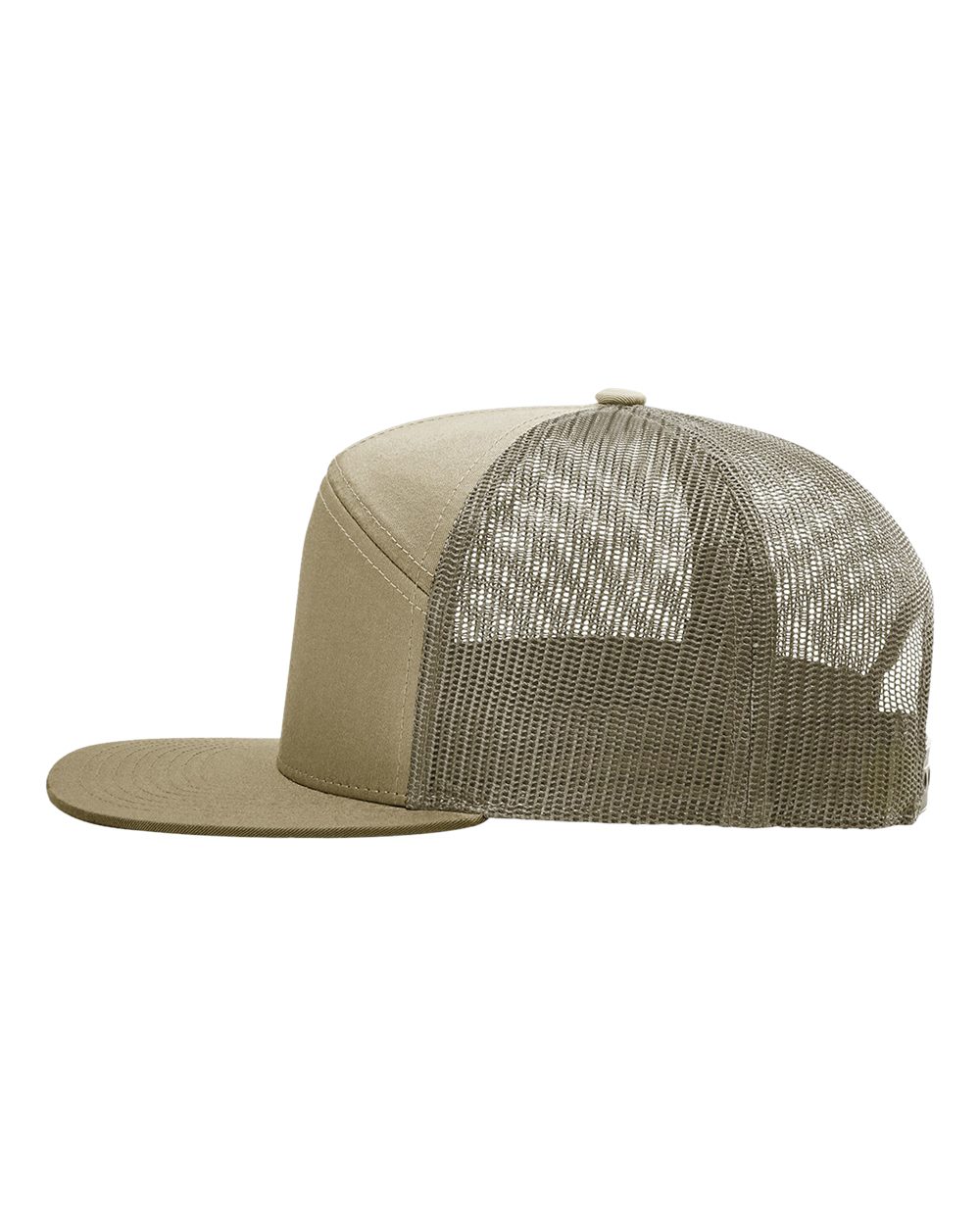 Left View of Pale Khaki/ Loden Green Seven-Panel Trucker Cap - 168