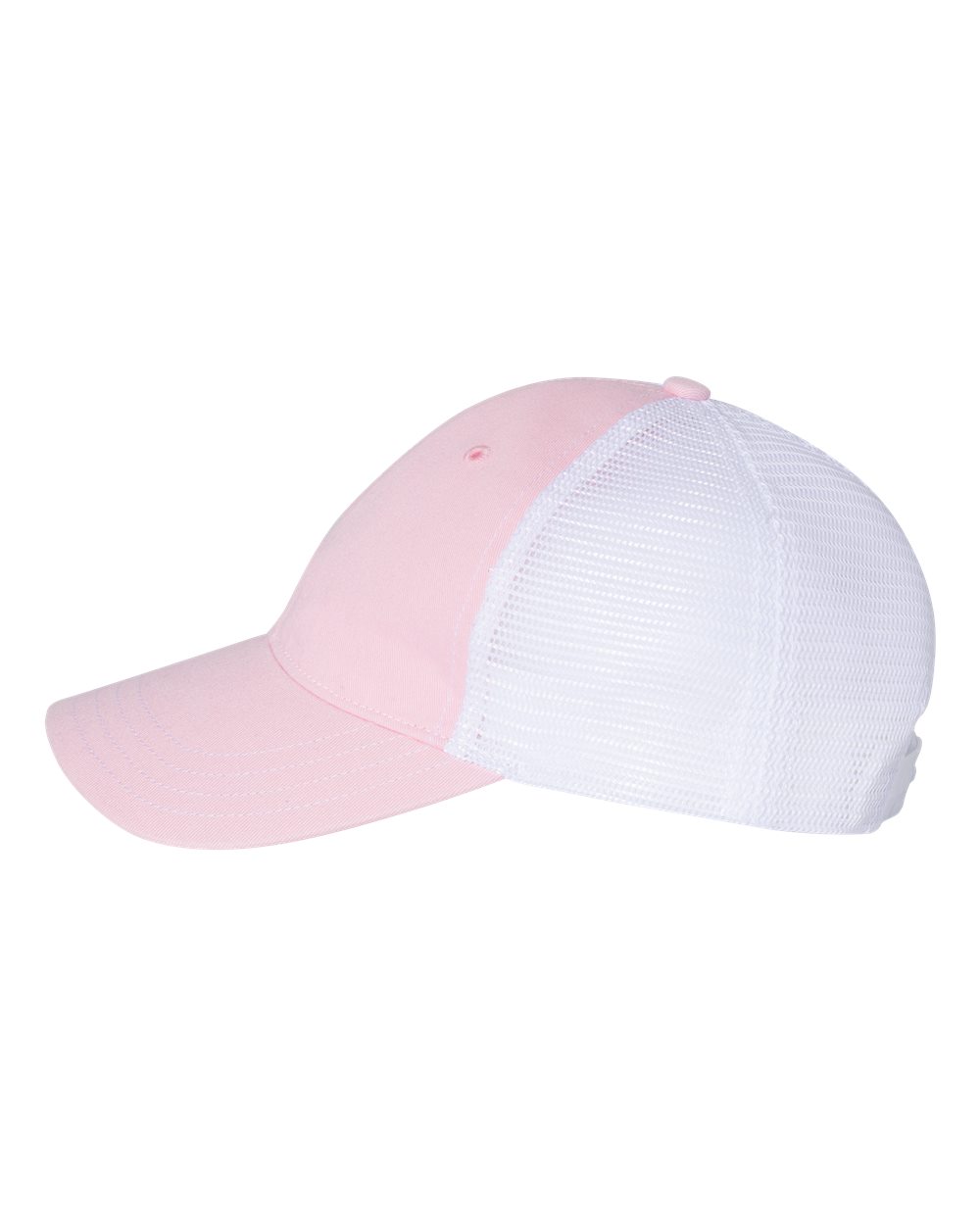 Left View of Pink/ White Garment-Washed Trucker Cap - 111