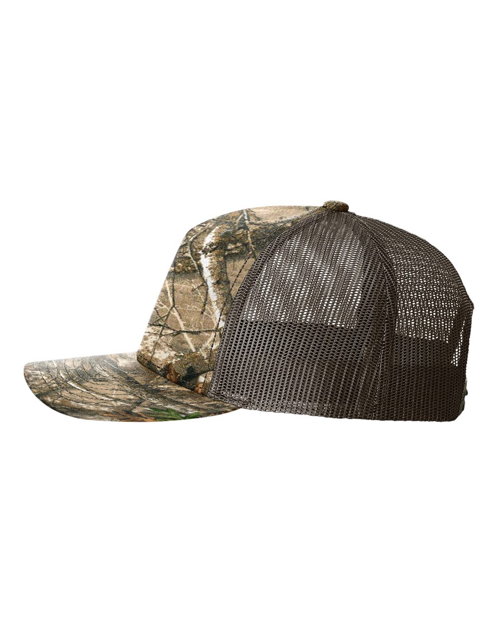 Left View of Realtree Edge/ Brown Five-Panel Printed Trucker Cap - 112PFP