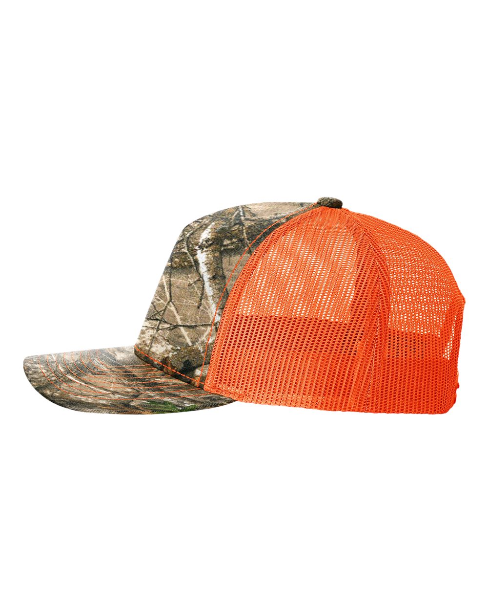 Left View of Realtree Edge/ Neon Orange Five-Panel Printed Trucker Cap - 112PFP
