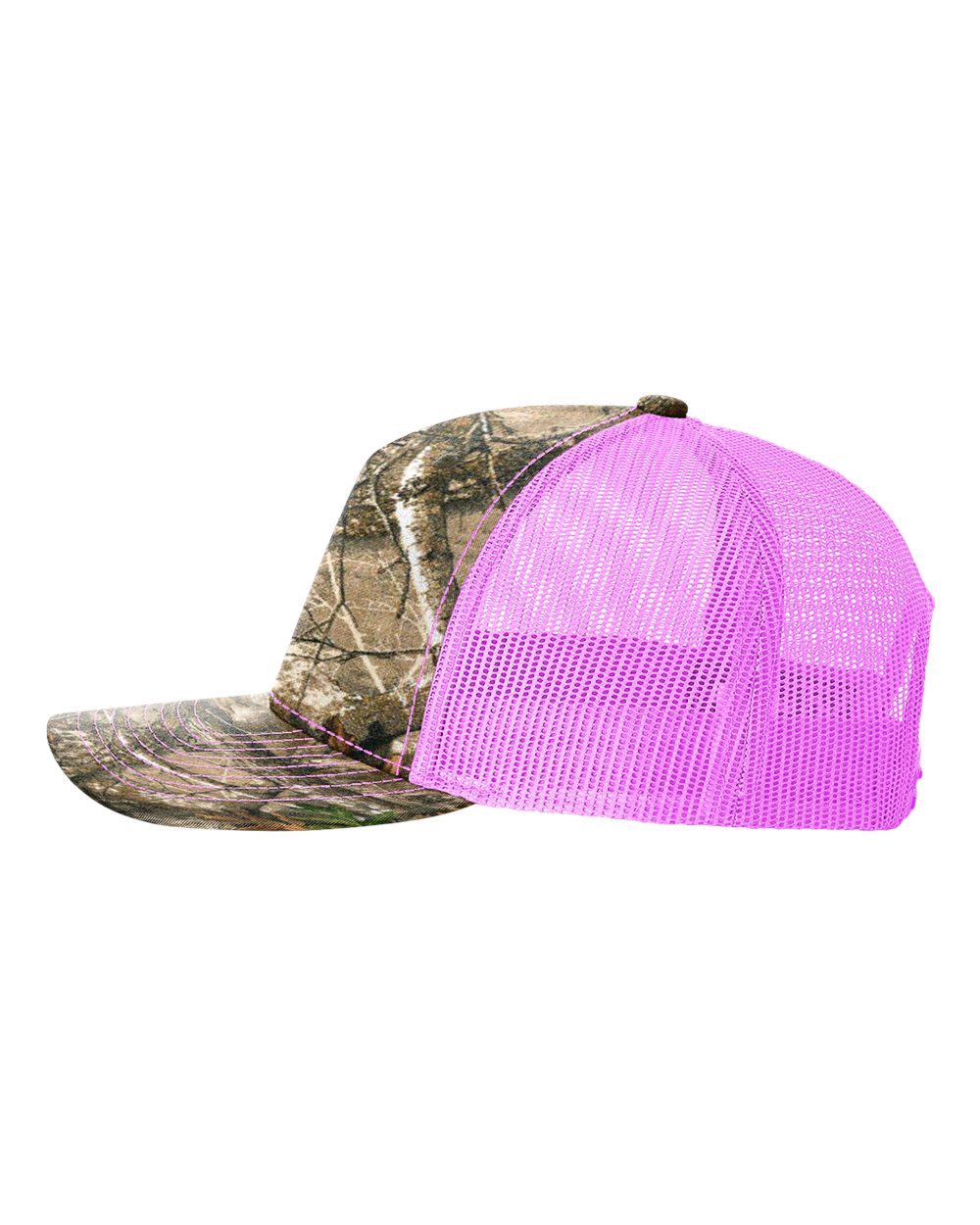 Left View of Realtree Edge/ Neon Pink Five-Panel Printed Trucker Cap - 112PFP