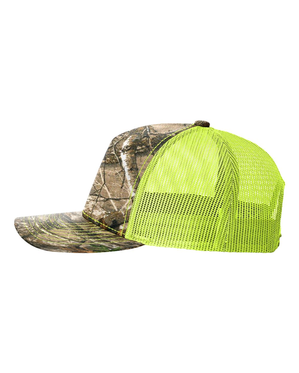 Left View of Realtree Edge/ Neon Yellow Five-Panel Printed Trucker Cap - 112PFP