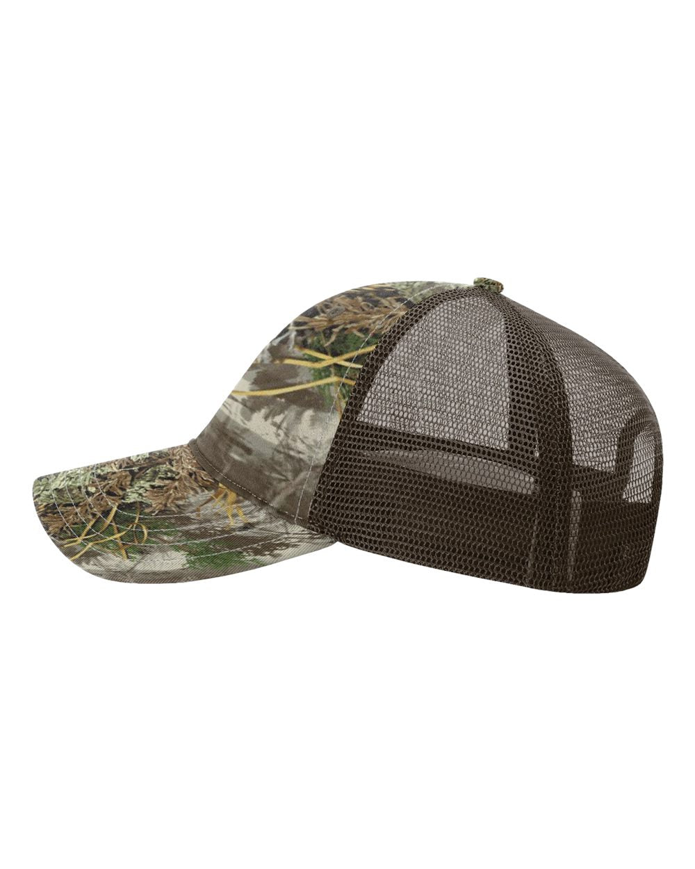 Left View of Realtree Max-1/ Brown Garment Washed Printed Trucker Cap - 111P
