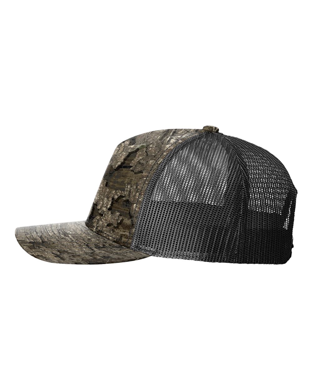 Left View of Realtree Timber/ Black Five-Panel Printed Trucker Cap - 112PFP