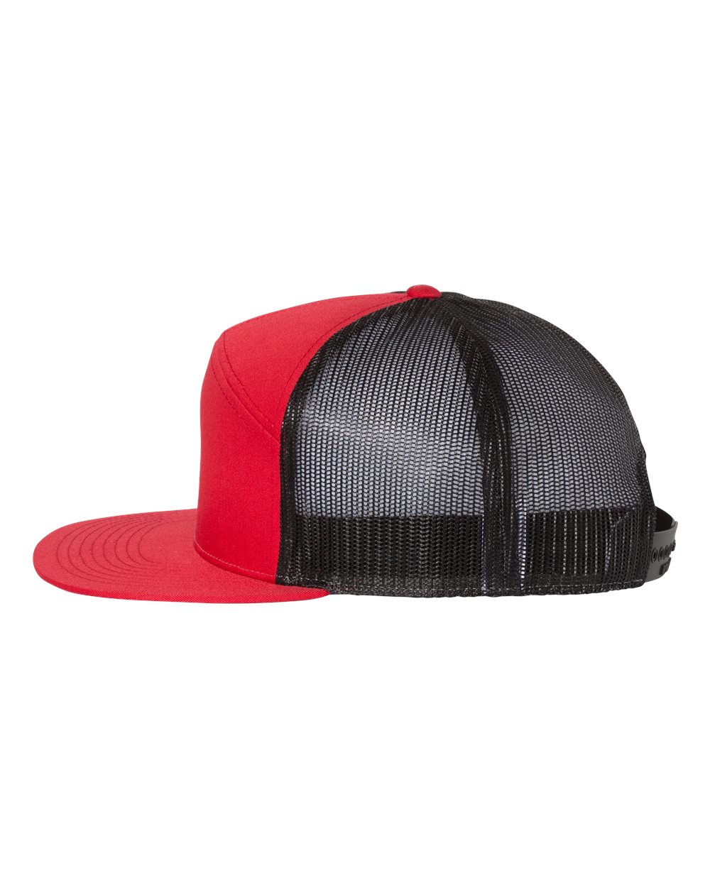 Left View of Red/ Black Seven-Panel Trucker Cap - 168