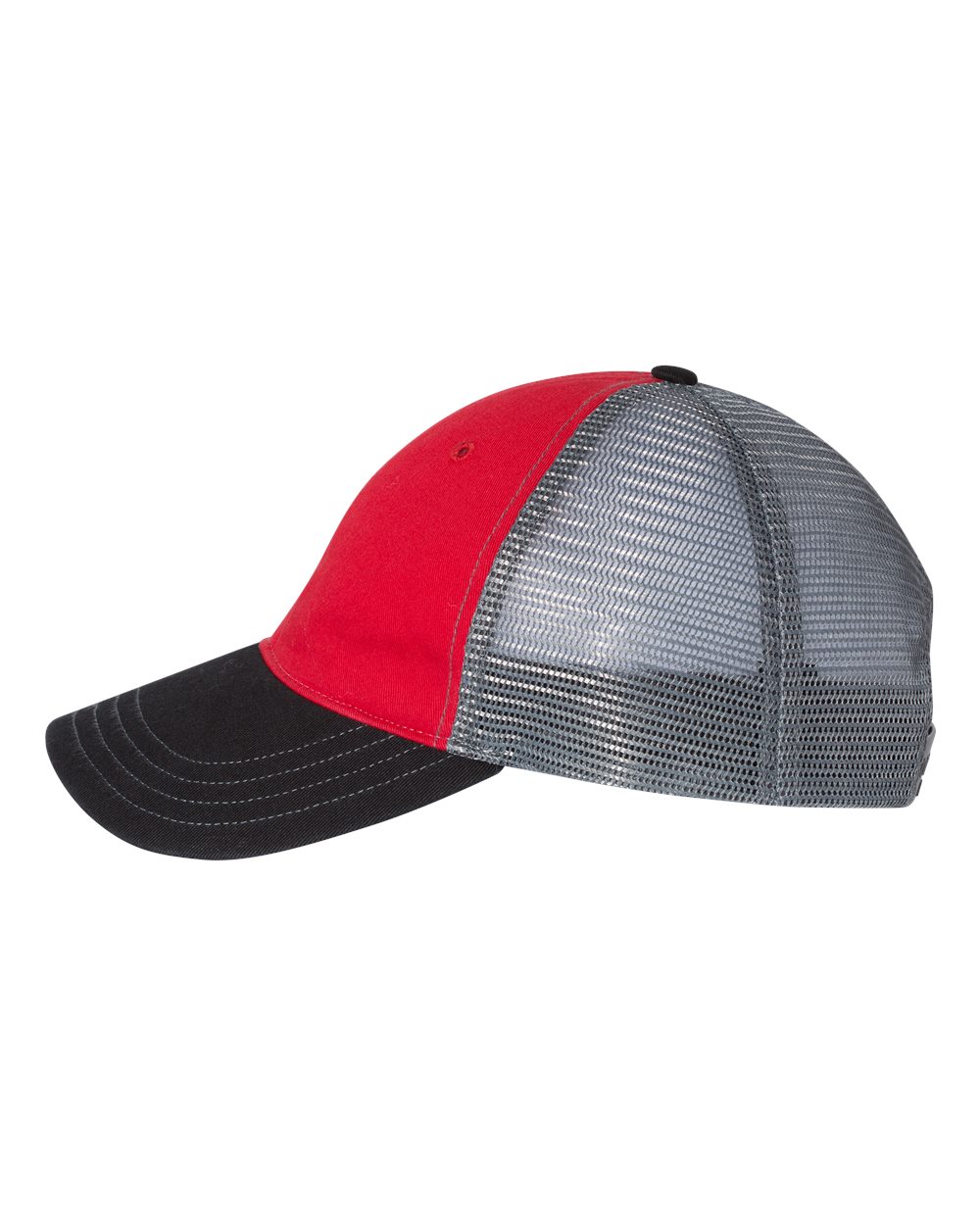 Left View of Red/ Charcoal/ Black Garment-Washed Trucker Cap - 111