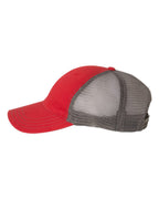 Left View of Red/ Charcoal Garment-Washed Trucker Cap - 111