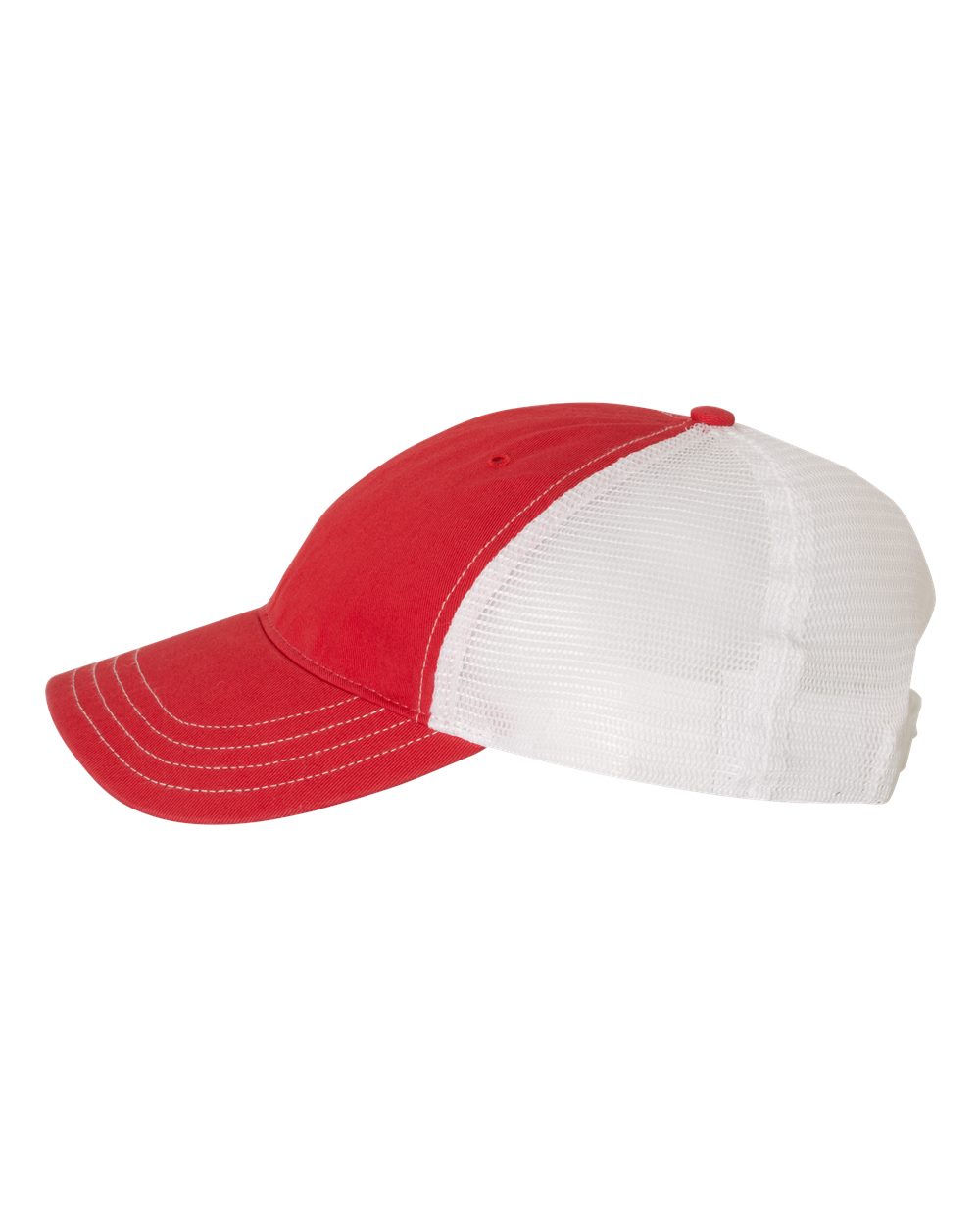 Left View of Red/ White Garment-Washed Trucker Cap - 111