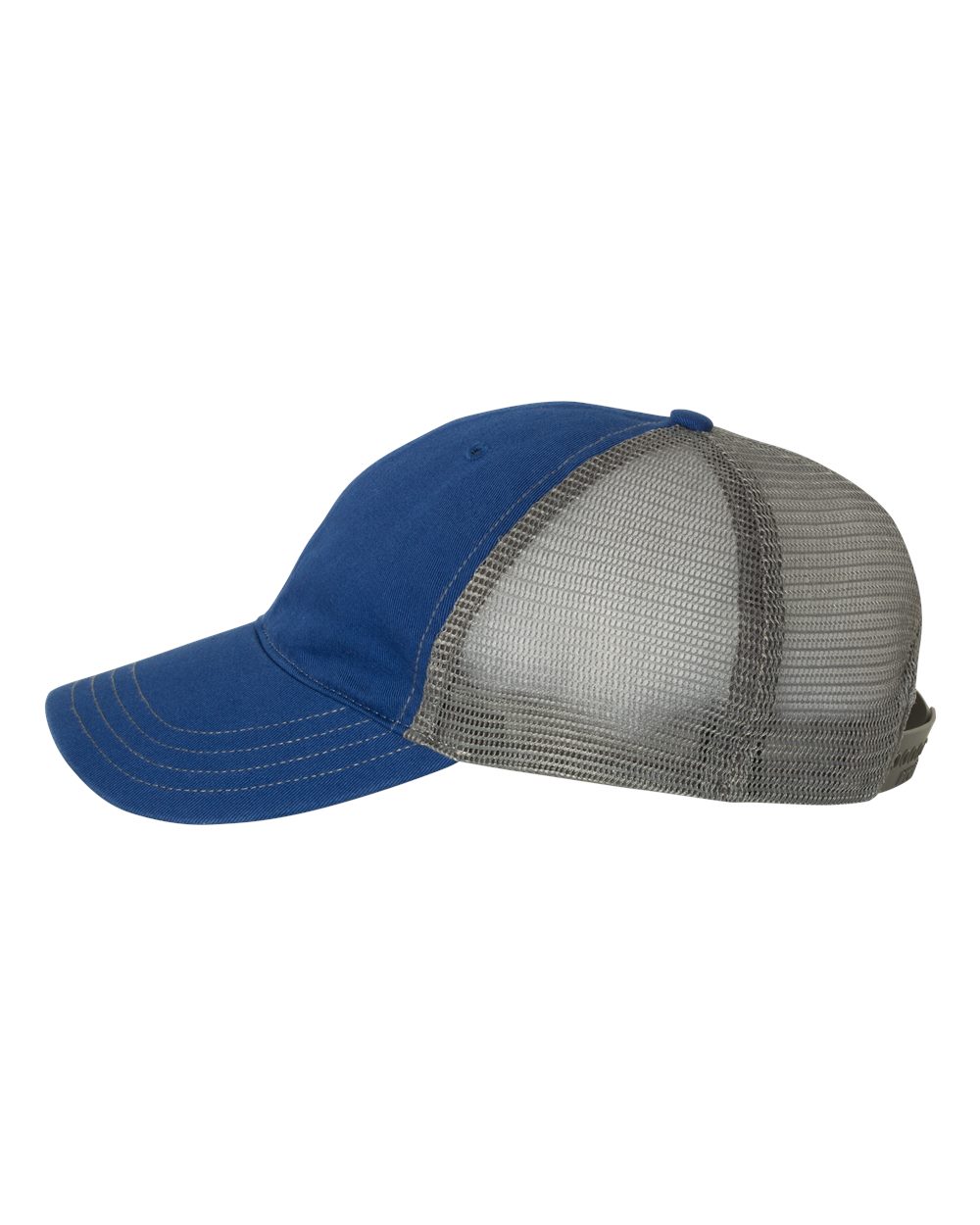 Left View of Royal/ Charcoal Garment-Washed Trucker Cap - 111