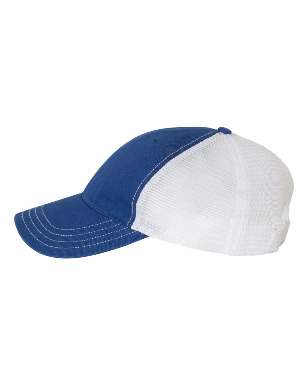 Left View of Royal/ White Garment-Washed Trucker Cap - 111