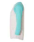 Left View of Tahiti Blue Sleeves/ Heather White Body Triblend Three-Quarter Raglan T-Shirt - 6051