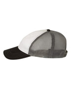 Left View of White/ Charcoal/ Black Garment-Washed Trucker Cap - 111