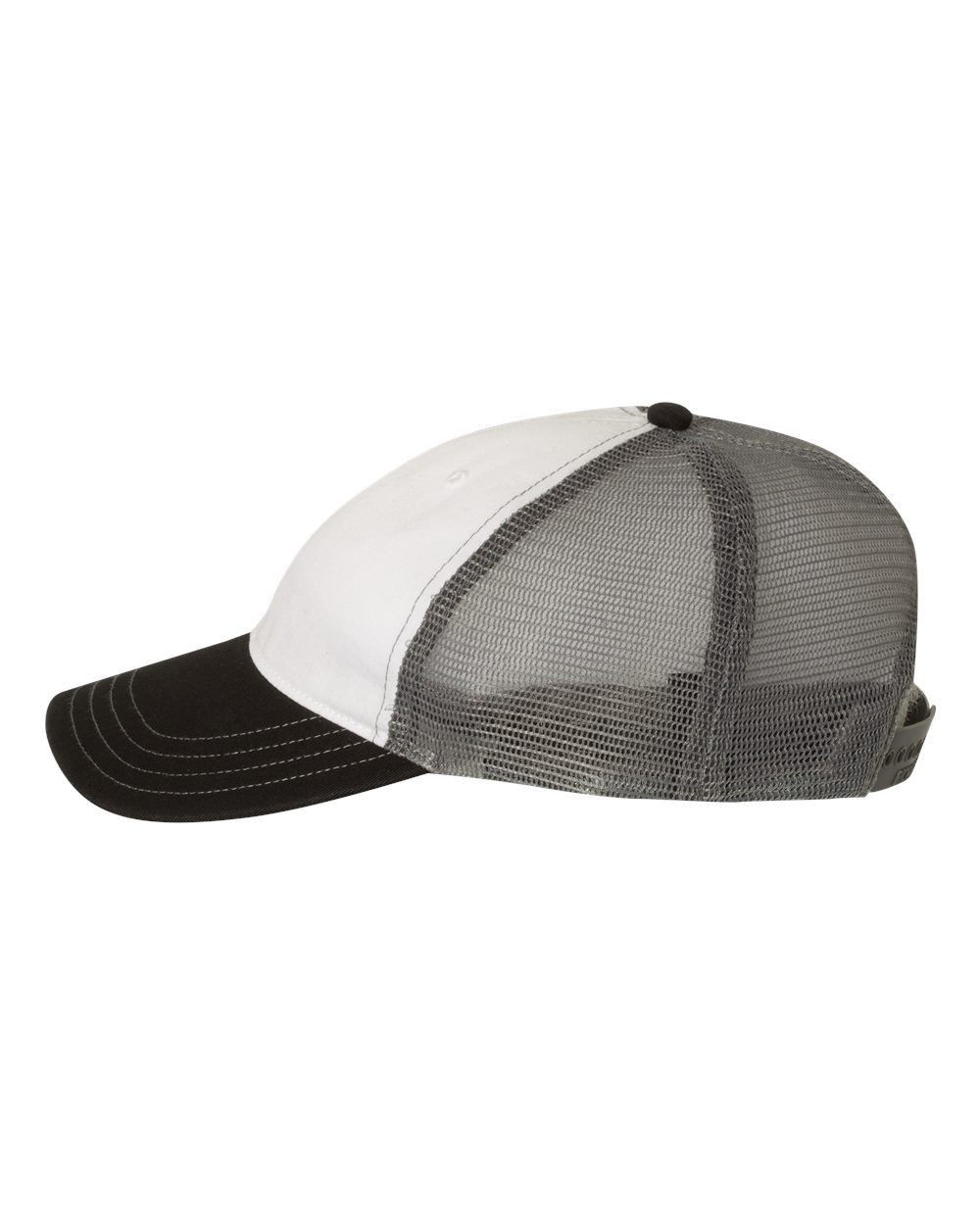 Left View of White/ Charcoal/ Black Garment-Washed Trucker Cap - 111