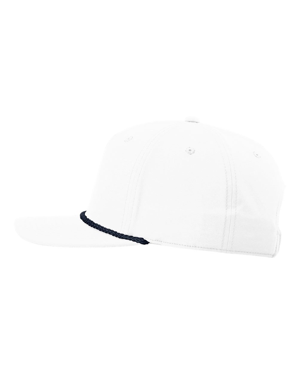 Left View of White/ Navy Five Panel Classic Rope Cap - 258