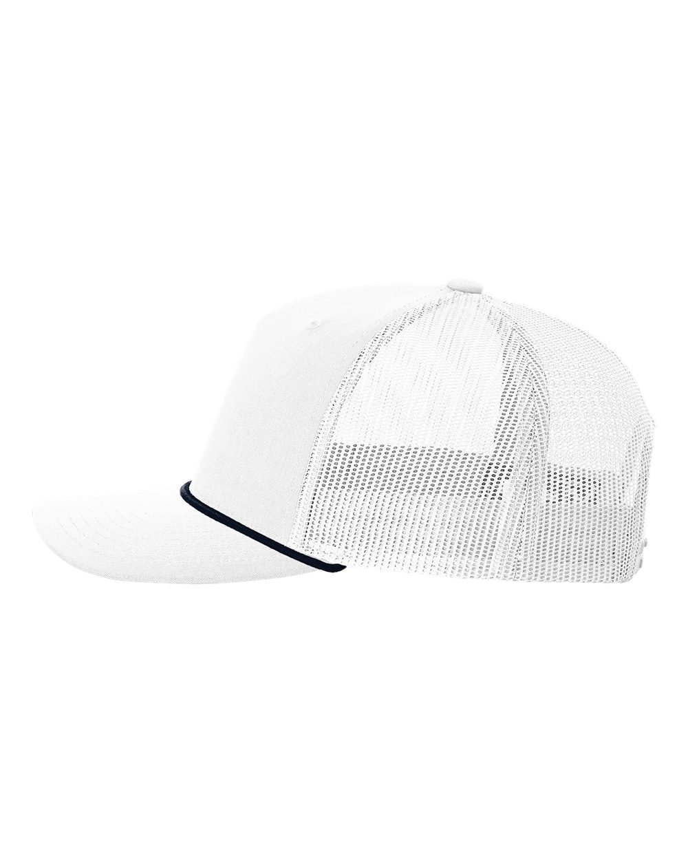 Left View of White/ Navy Five-Panel Trucker with Rope Cap - 112FPR