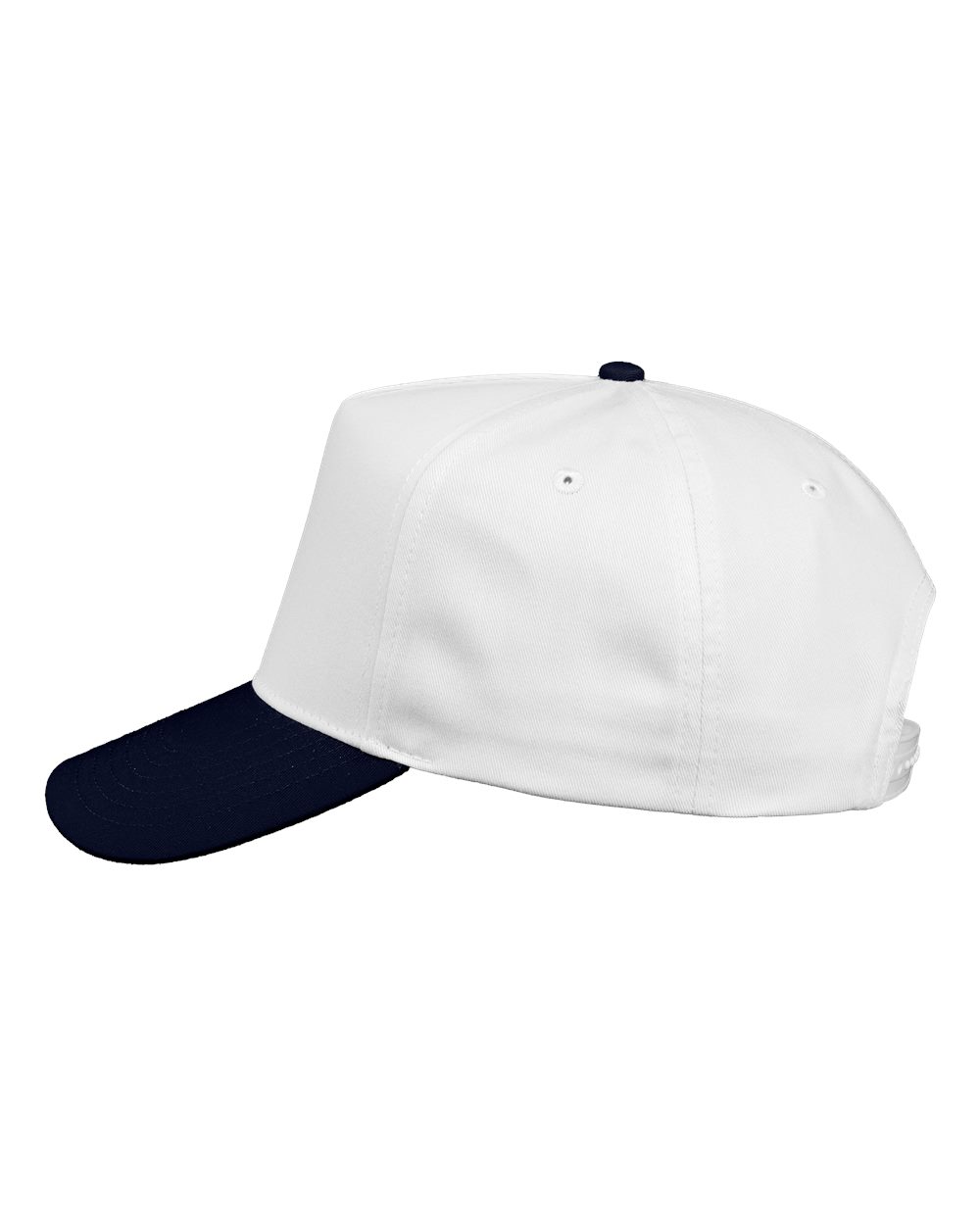 Left View of White/ Navy Five-Panel Twill Cap - 8869