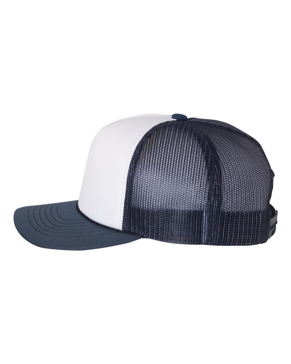 Left View of White/ Navy Foamie Trucker Cap - 113