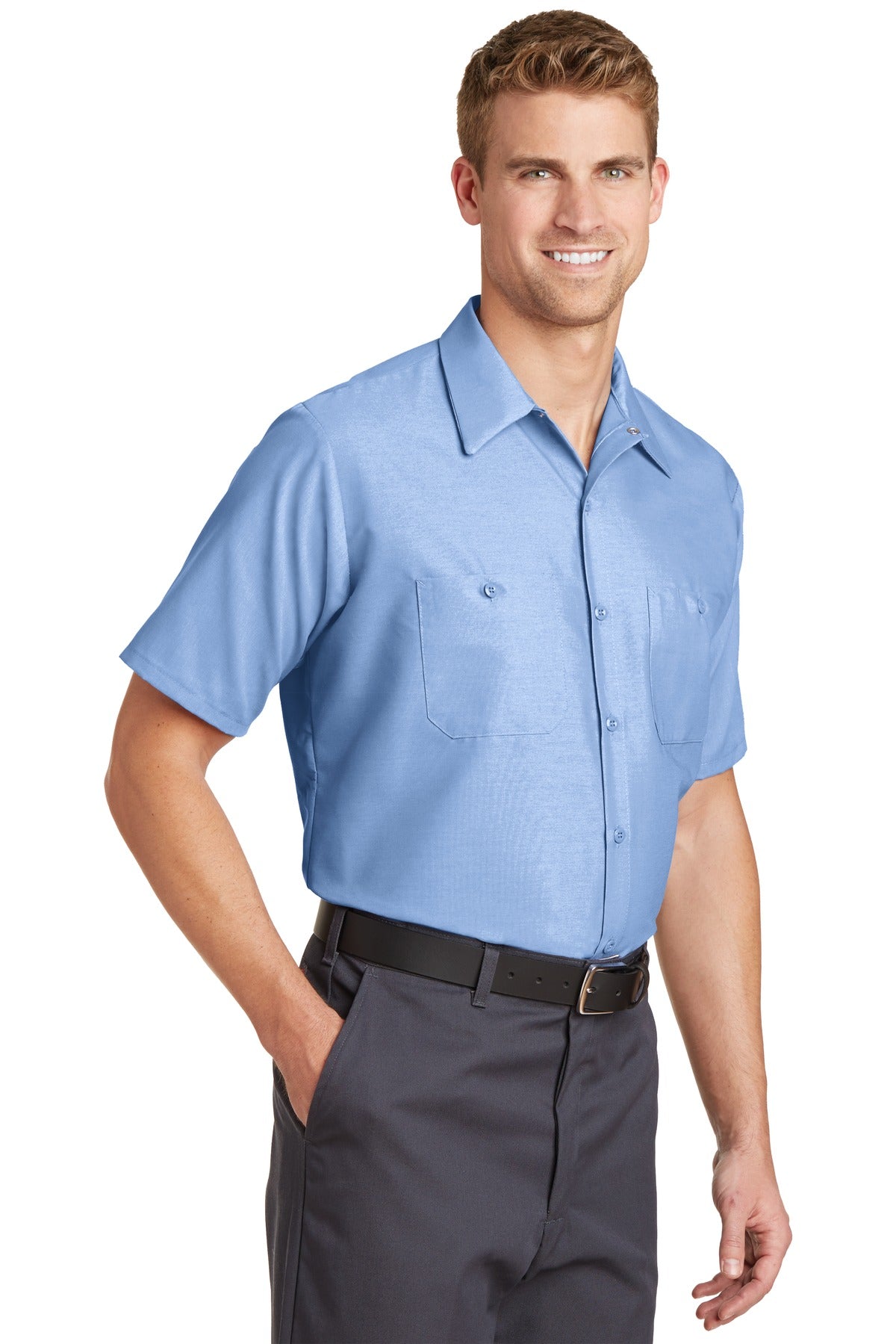 Light Blue Red Kap Short Sleeve Industrial Work Shirt. SP24
