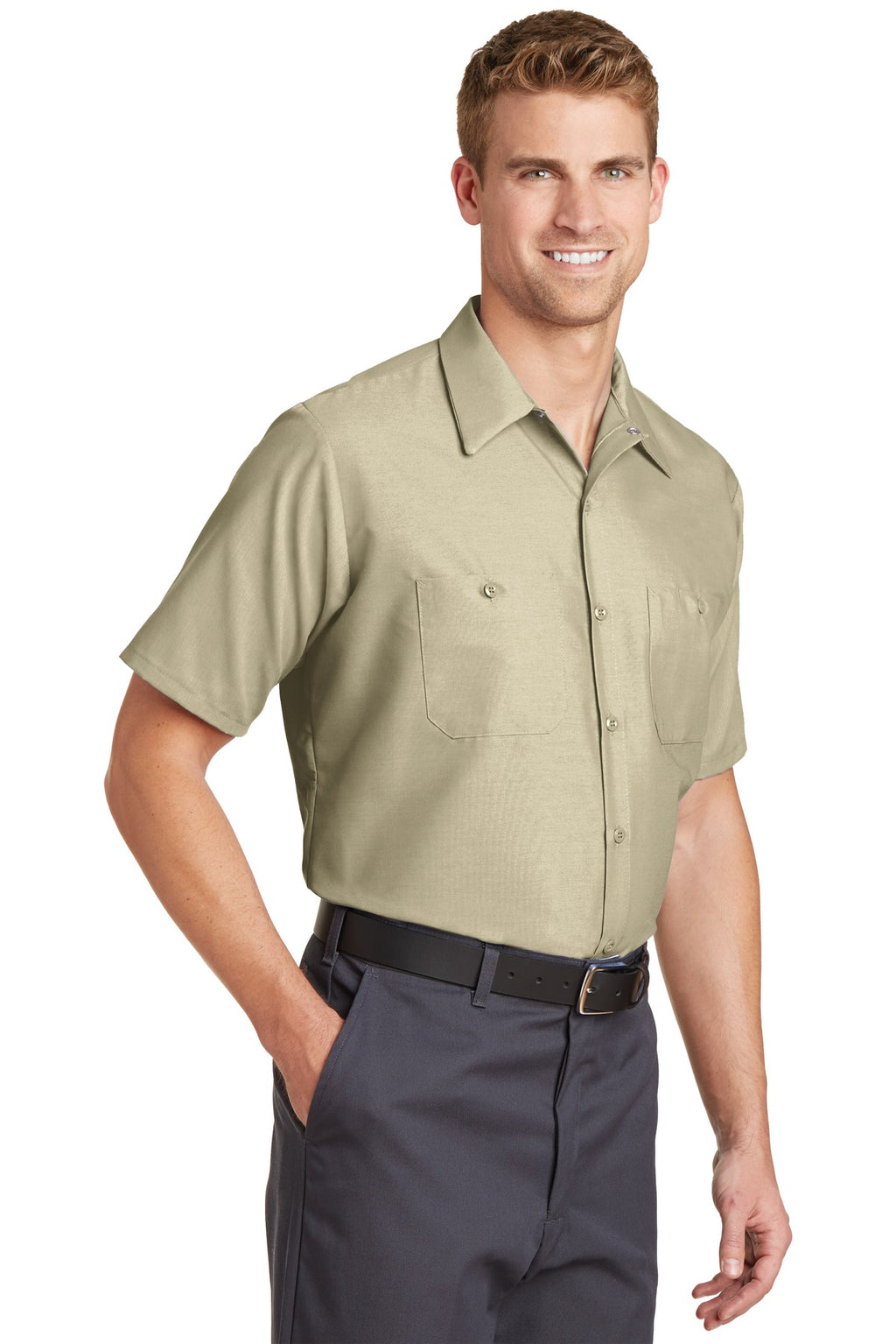 Light Tan Red Kap Short Sleeve Industrial Work Shirt. SP24