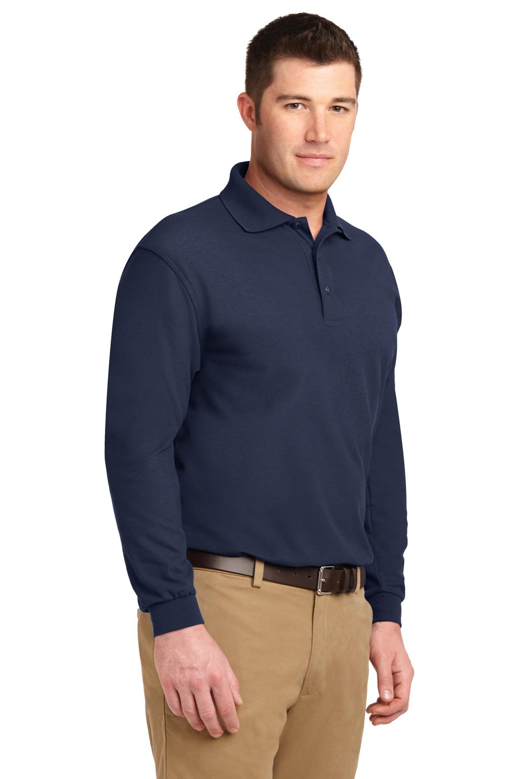 Navy Port Authority Silk Touch Long Sleeve Polo. K500LS