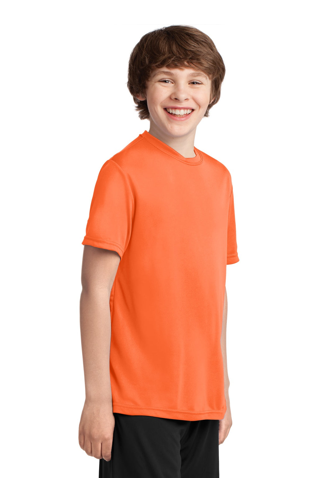 Neon Orange Port & Co Youth Performance Tee. PC380Y