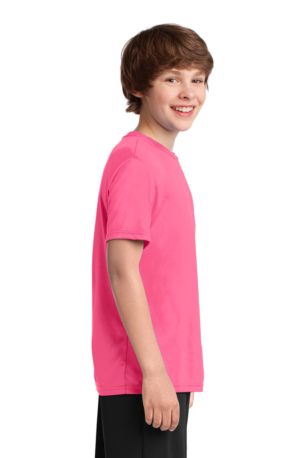 Neon Pink Port & Co Youth Performance Tee. PC380Y