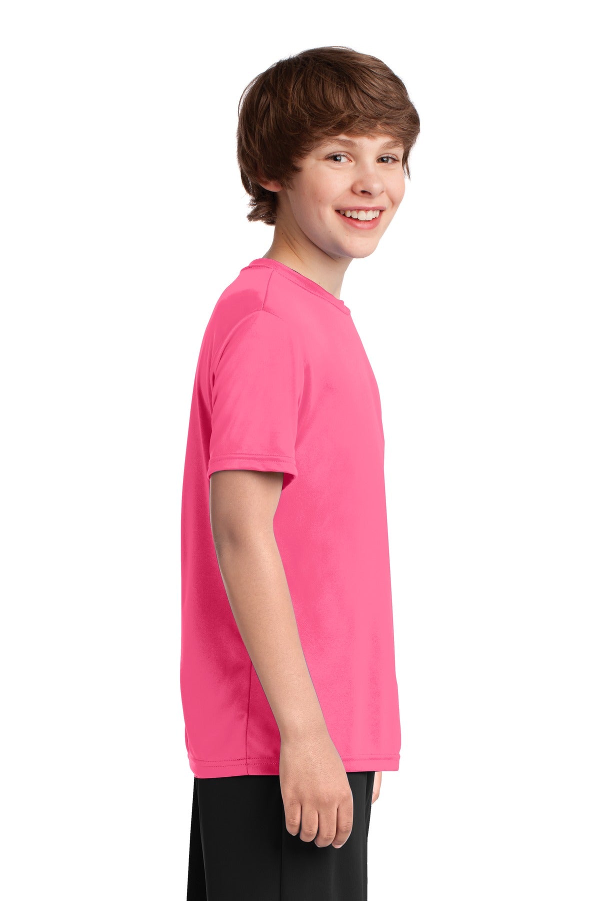 Neon Pink Port & Co Youth Performance Tee. PC380Y