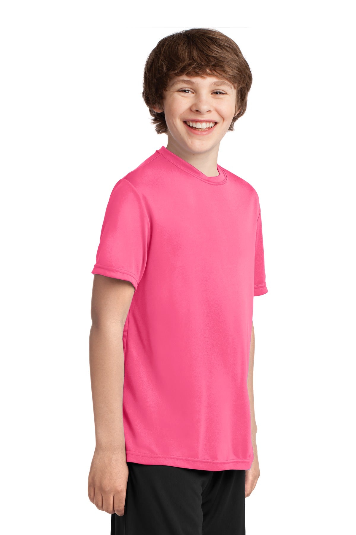 Neon Pink Port & Co Youth Performance Tee. PC380Y