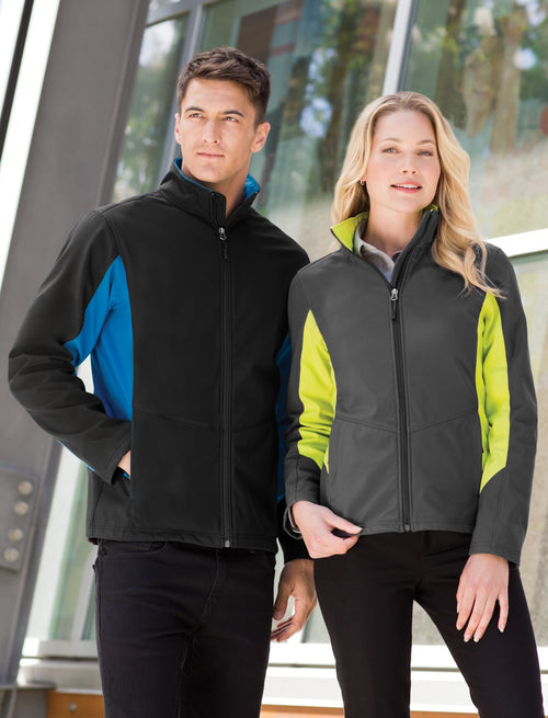 Rear View of Bat Gry/Ch Grn Port Authority Core Colorblock Soft Shell Jacket. J318