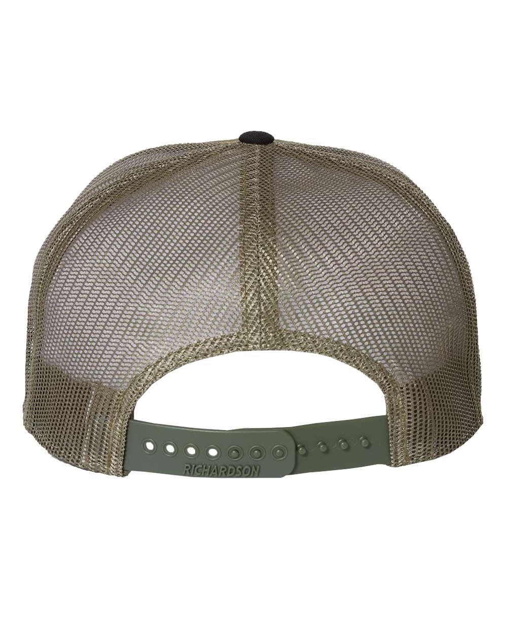 Rear View of Black/ Camo/ Loden Seven-Panel Trucker Cap - 168
