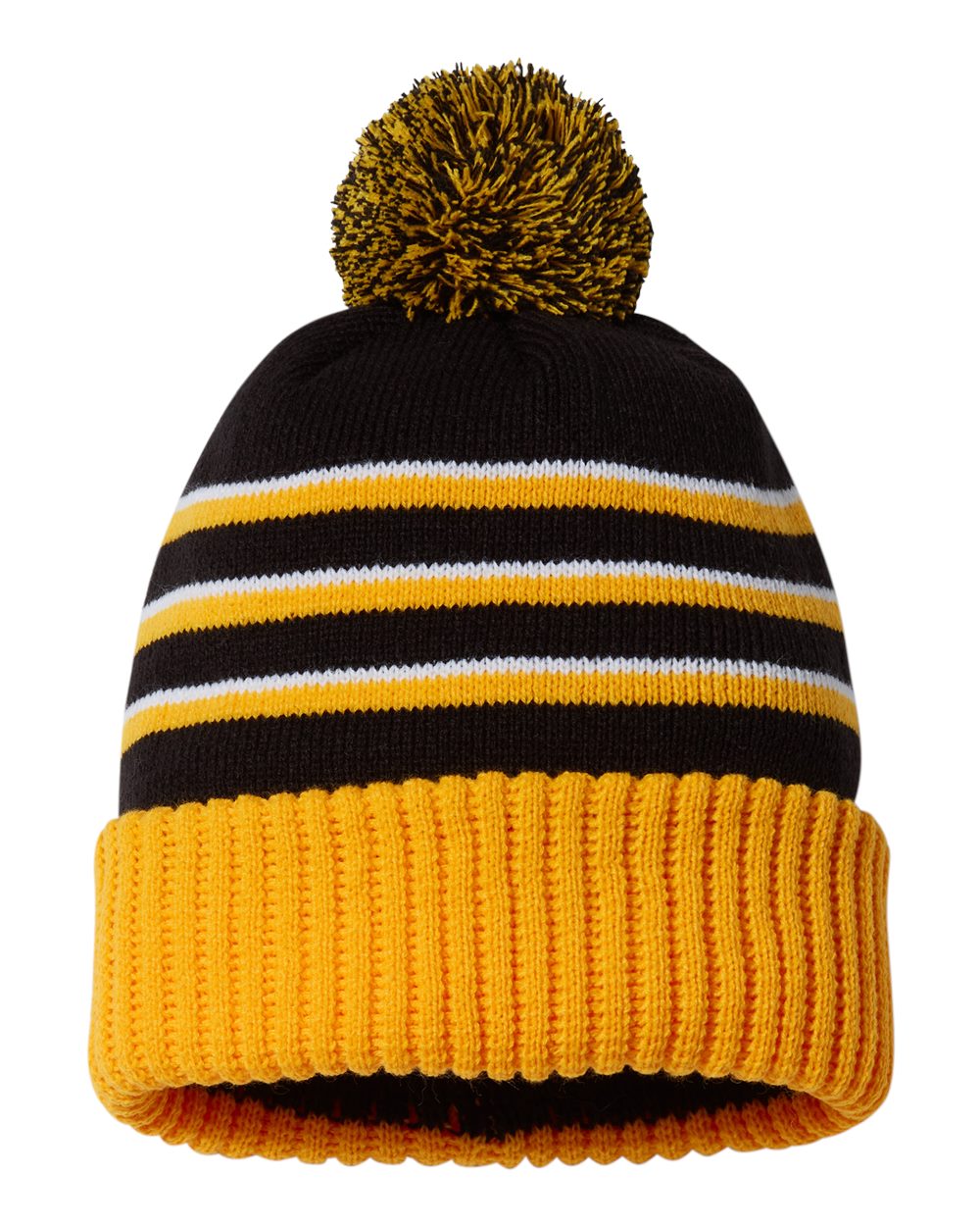 Rear View of Black/ Gold/ White Pom Cuffed Beanie - 134